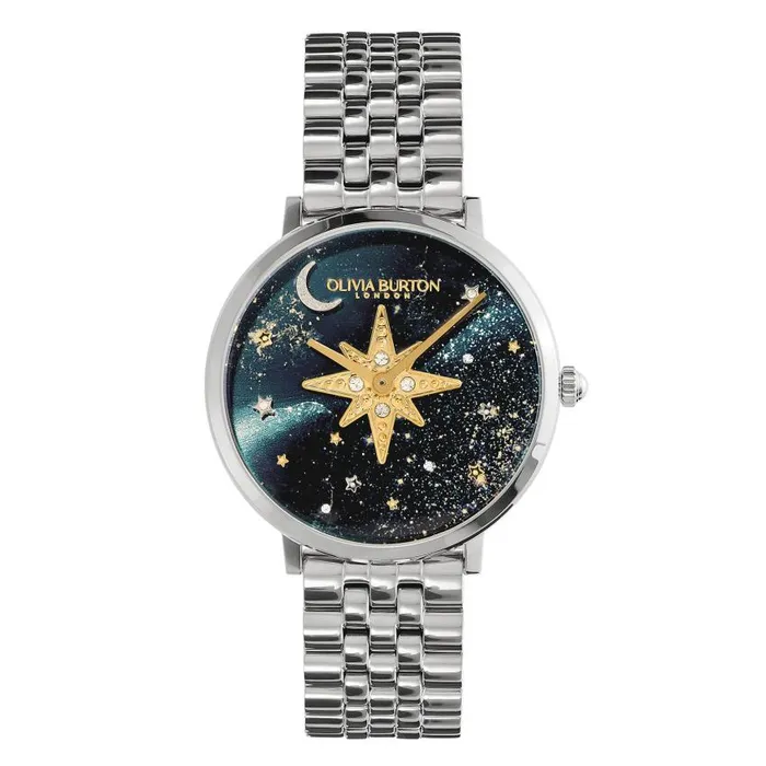 Celestial Watches Women Olivia Burton 35mm Nova Slim Sapphire Blue and Silver Bracelet Watch
