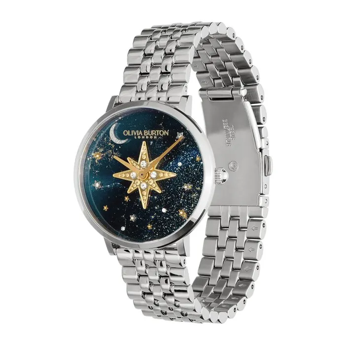 Celestial Watches Women Olivia Burton 35mm Nova Slim Sapphire Blue and Silver Bracelet Watch