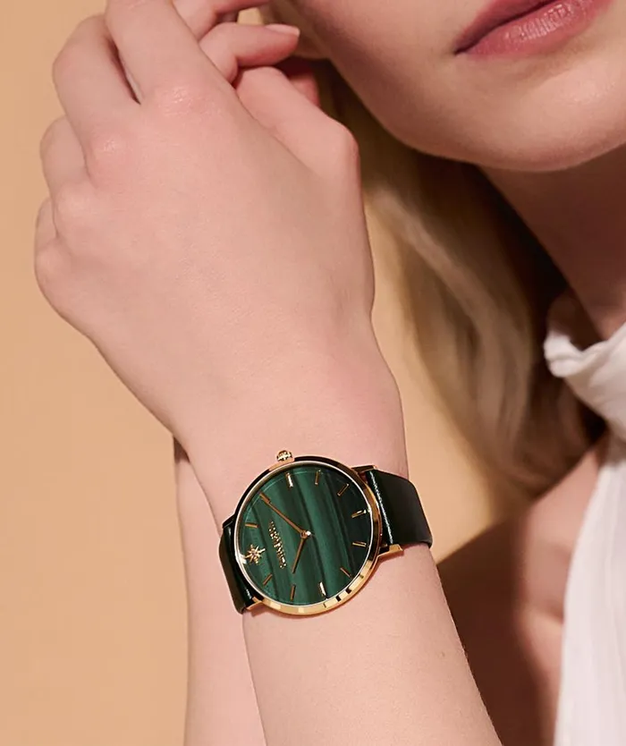 Celestial Watches Women Olivia Burton 40mm Faux Malachite Gold and Green Leather Strap Watch