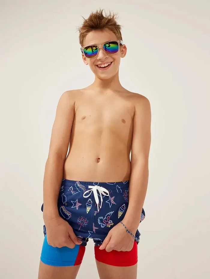 Chubbies Boys XsXl Swim The Americanas Navy Graphicblue and Red Liner