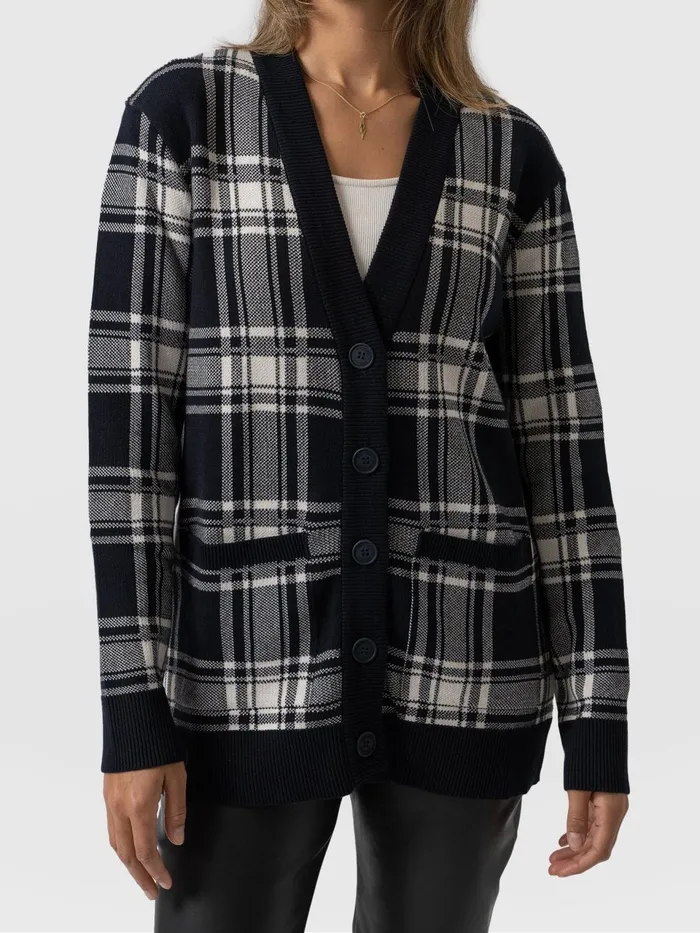 College Cardigan 8211 Navy Cream Check Navy Cream Check Women Saint And Sofia Knitwear
