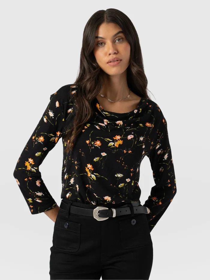 Cowl Neck Tee Long Sleeve 8211 Black Floral Black Floral Women Saint And Sofia TShirts and Tanks