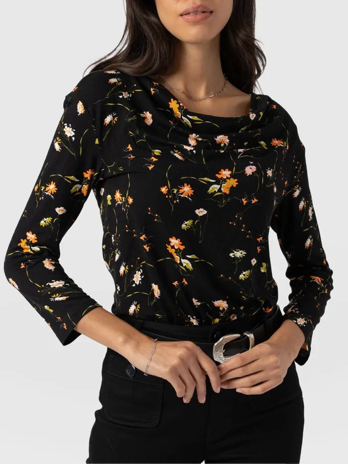 Cowl Neck Tee Long Sleeve 8211 Black Floral Black Floral Women Saint And Sofia TShirts and Tanks