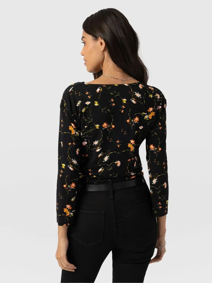 Cowl Neck Tee Long Sleeve 8211 Black Floral Black Floral Women Saint And Sofia TShirts and Tanks