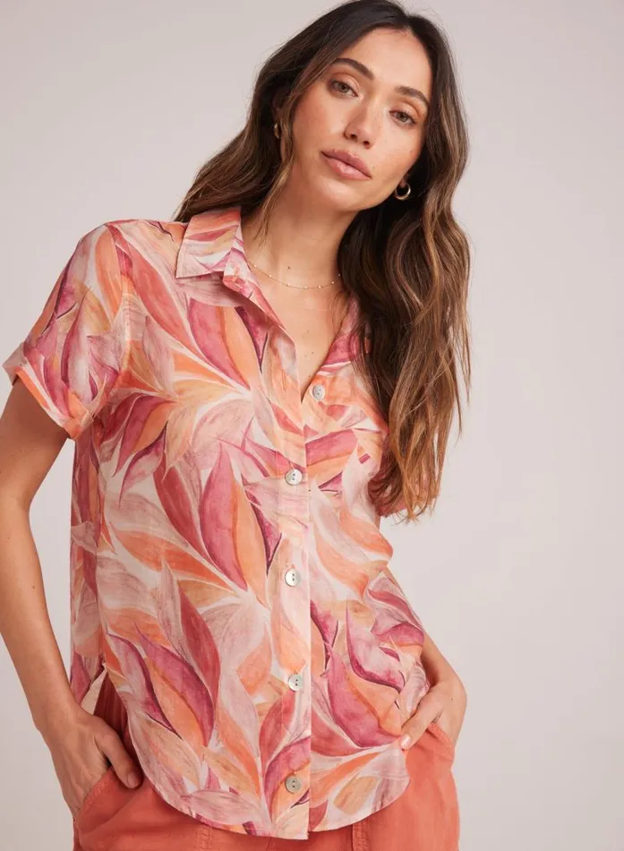 Cuffed Short Sleeve Shirt 8211 Painted Leaves Print Women Bella Dahl Short Sleeve