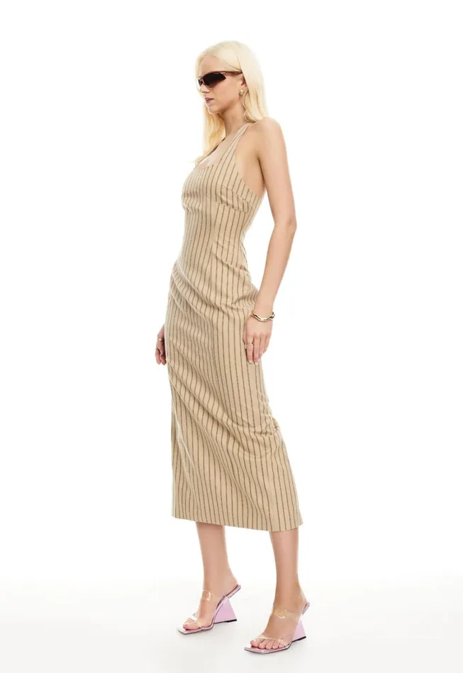 Dresses Women Lioness Fashion LES DEUX MIDI DRESS Stone Stripe Dresses Women Lioness Fashion LES DEUX MIDI DRESS Stone Stripe