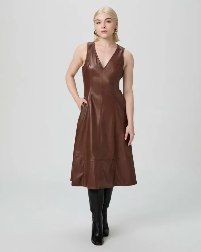Dresses Women PAIGE Fiorella Petite Dress 8211 French Press Faux Leather