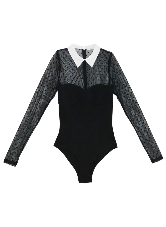 Fleur Du Mal Bodysuits Women Collared Bodysuit With Dotted Tulle Black Fleur Du Mal Bodysuits Women Collared Bodysuit With Dotted Tulle Black