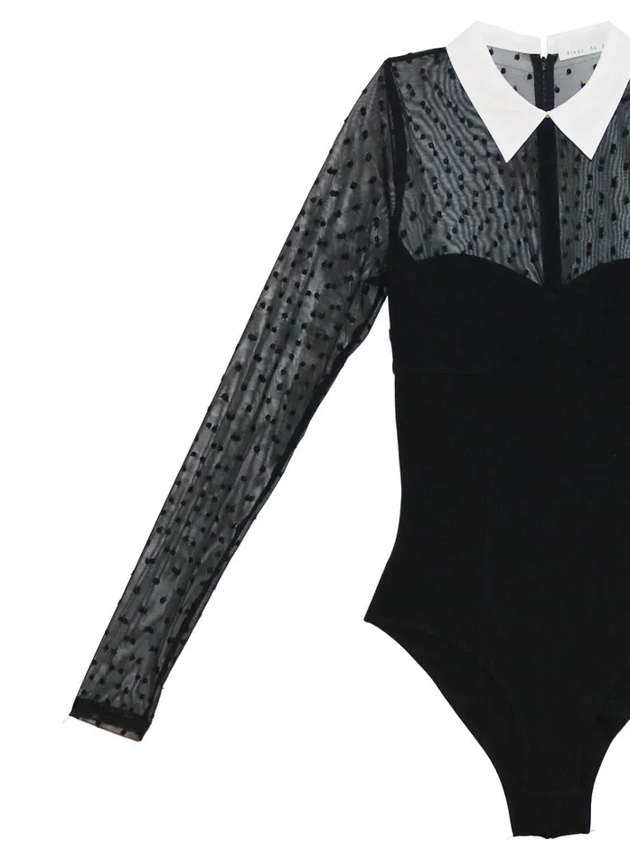 Fleur Du Mal Bodysuits Women Collared Bodysuit With Dotted Tulle Black Fleur Du Mal Bodysuits Women Collared Bodysuit With Dotted Tulle Black