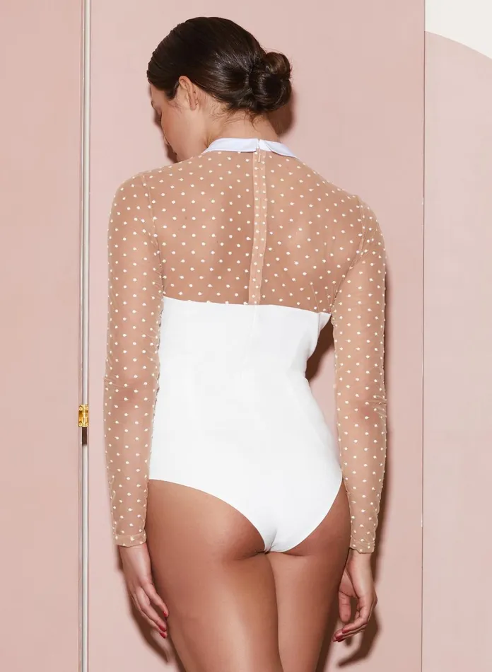 Fleur Du Mal Bodysuits Women Collared Bodysuit With Dotted Tulle Ivory Fleur Du Mal Bodysuits Women Collared Bodysuit With Dotted Tulle Ivory