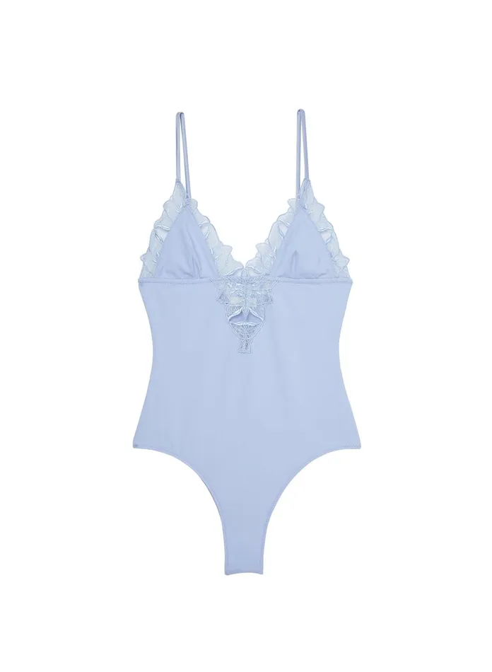 Fleur Du Mal Bodysuits Women Lily Embroidery VNeck Plunge Bodysuit Pastel Sky Fleur Du Mal Bodysuits Women Lily Embroidery VNeck Plunge Bodysuit Pastel Sky