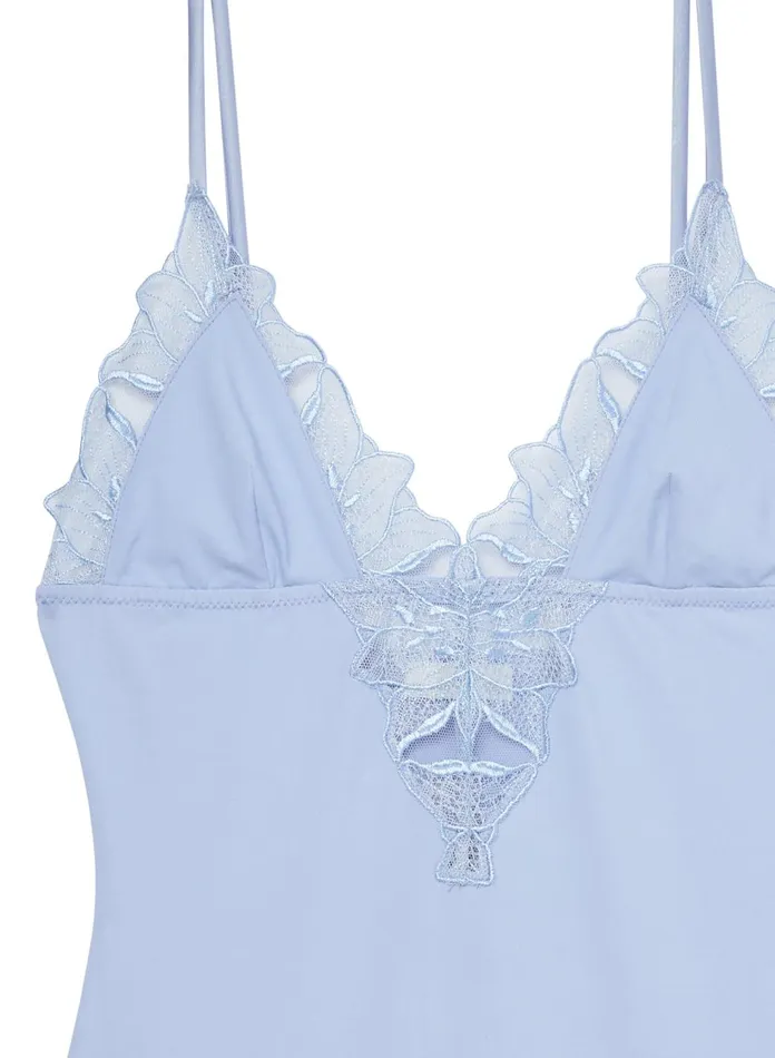 Fleur Du Mal Bodysuits Women Lily Embroidery VNeck Plunge Bodysuit Pastel Sky Fleur Du Mal Bodysuits Women Lily Embroidery VNeck Plunge Bodysuit Pastel Sky