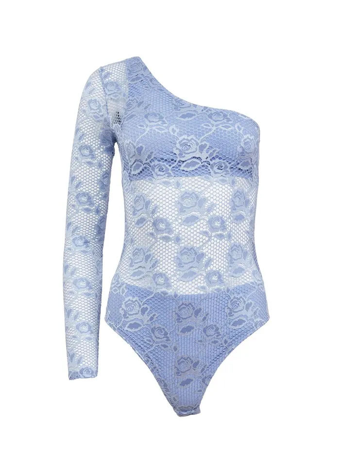 Fleur Du Mal Bodysuits Women Rosalia Lace One Shoulder Bodysuit Denim Fleur Du Mal Bodysuits Women Rosalia Lace One Shoulder Bodysuit Denim