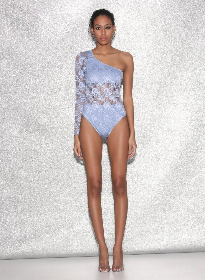 Fleur Du Mal Bodysuits Women Rosalia Lace One Shoulder Bodysuit Denim Fleur Du Mal Bodysuits Women Rosalia Lace One Shoulder Bodysuit Denim