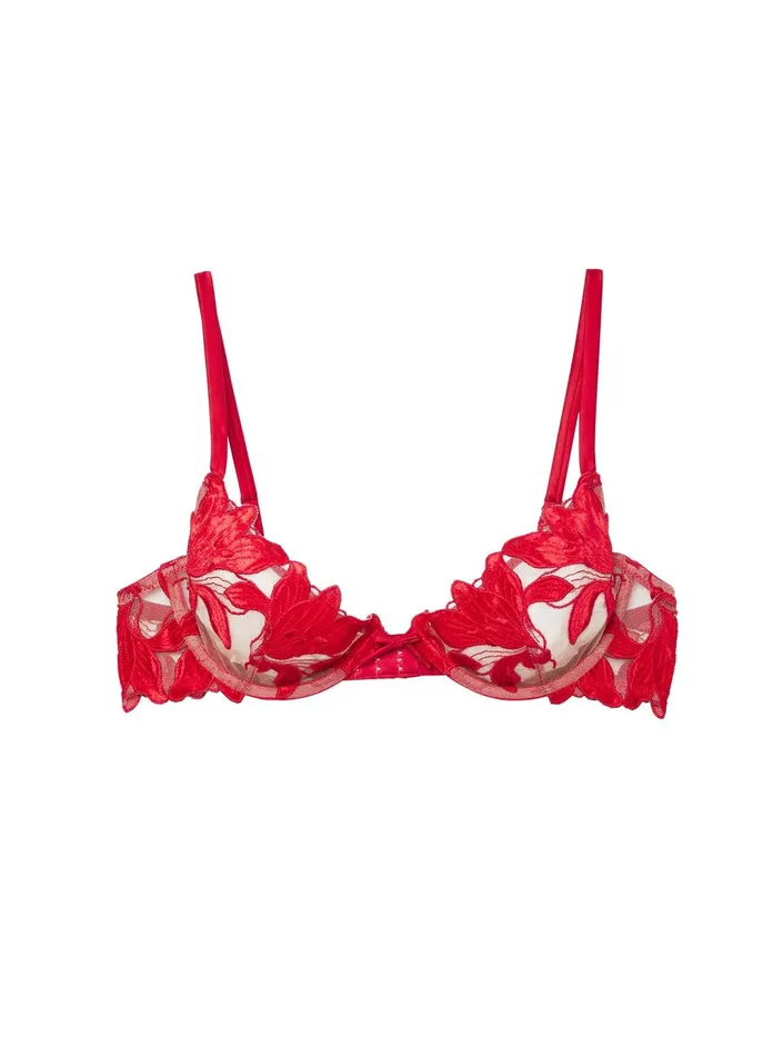 Fleur Du Mal Bras Women Velvet Lily Embroidery Plunge Demi Bra Rouge