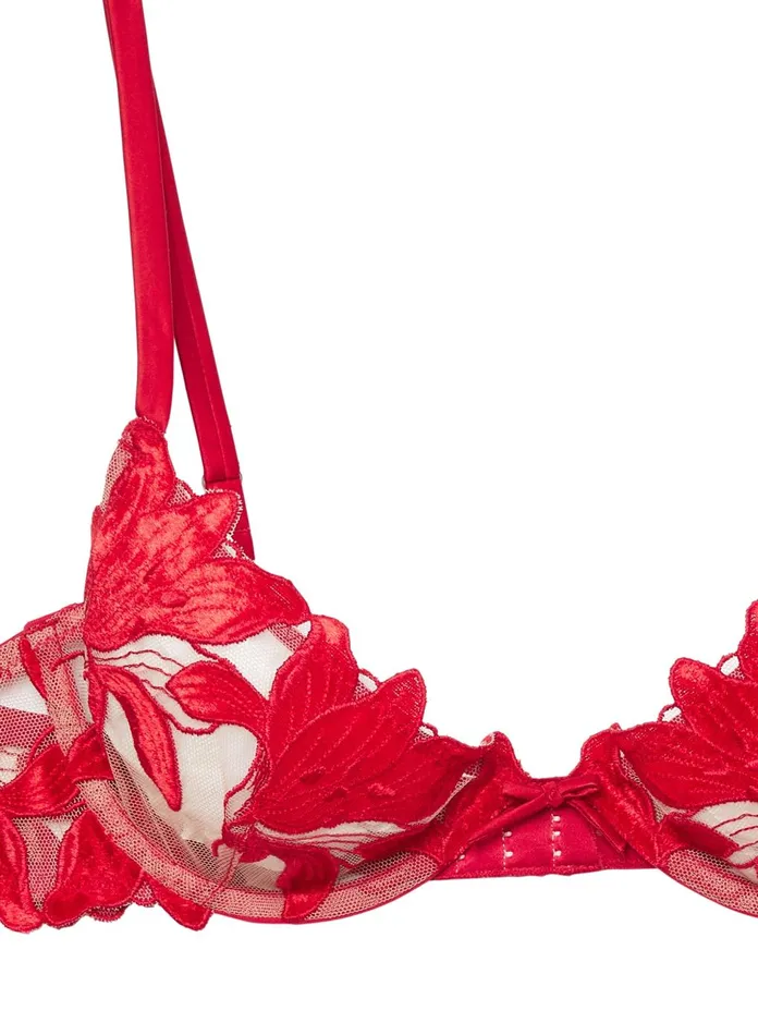 Fleur Du Mal Bras Women Velvet Lily Embroidery Plunge Demi Bra Rouge