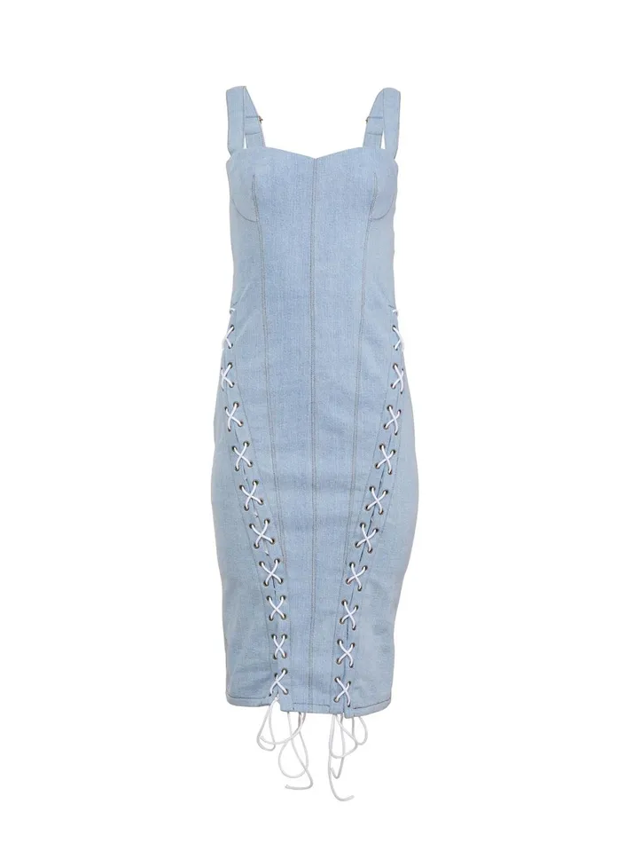Fleur Du Mal Dresses Women Denim Lace Up Dress Light Wash Denim Fleur Du Mal Dresses Women Denim Lace Up Dress Light Wash Denim