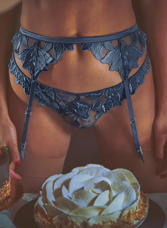 Fleur Du Mal Panties and Garters Women Denim Lily Embroidery Hipster Thong Denim
