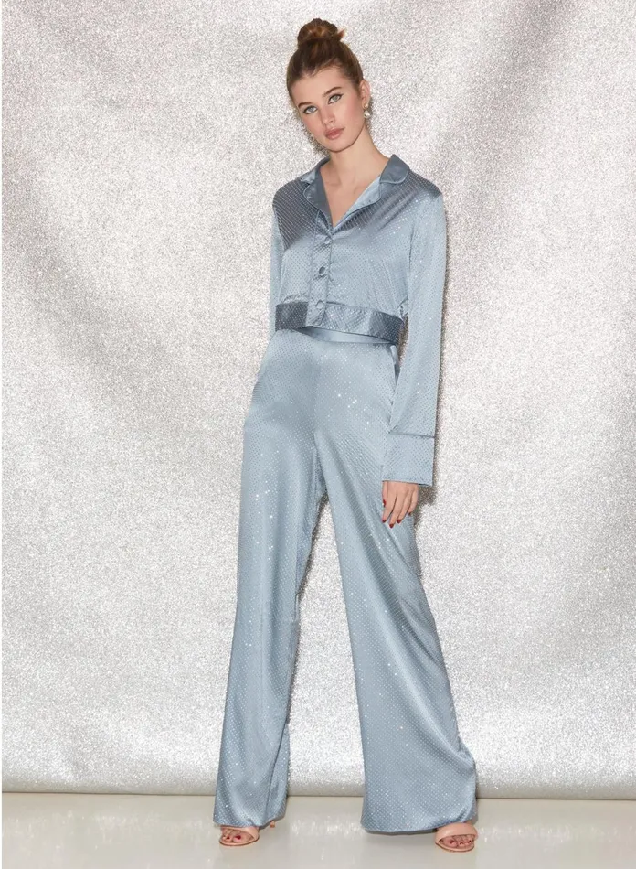Fleur Du Mal Pants Women Rhinestone Wide Leg Pant Steel Blue Fleur Du Mal Pants Women Rhinestone Wide Leg Pant Steel Blue
