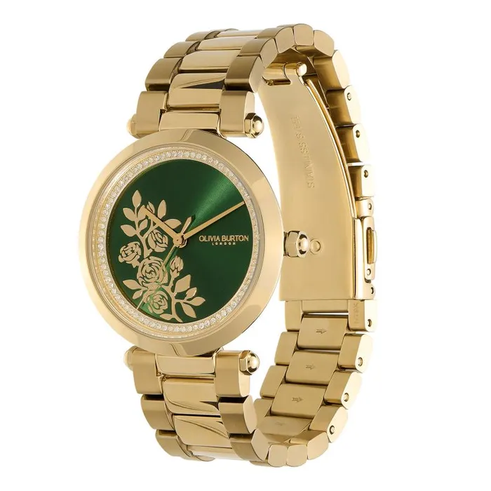 Floral Watches Women Olivia Burton 34mm Floral TBar Green and Gold Bracelet Watch