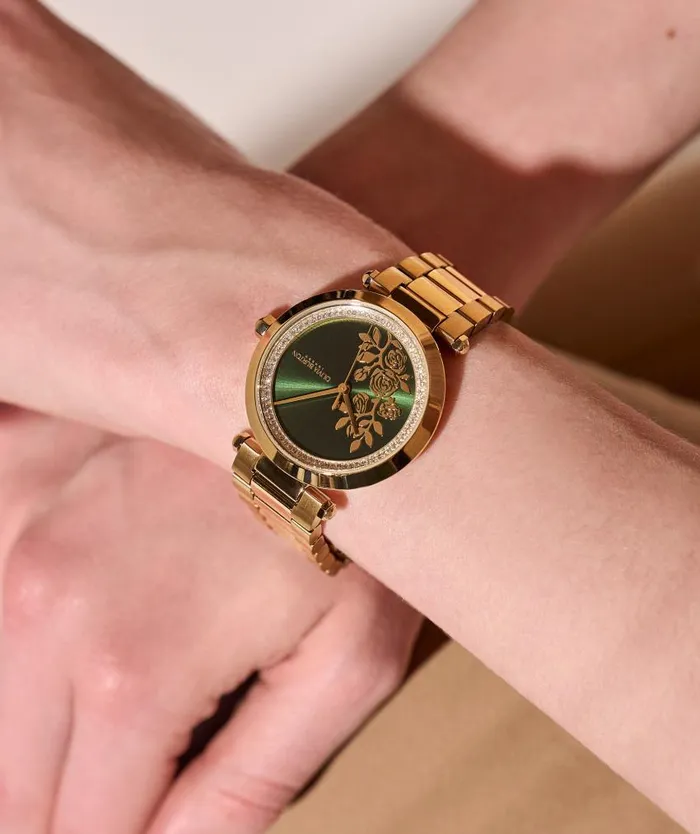Floral Watches Women Olivia Burton 34mm Floral TBar Green and Gold Bracelet Watch