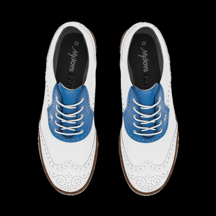 FootJoy Spiked Women MyJoys Premiere Series Shield Tip White Blue Lizard Print FootJoy Spiked Women MyJoys Premiere Series Shield Tip White Blue Lizard Print