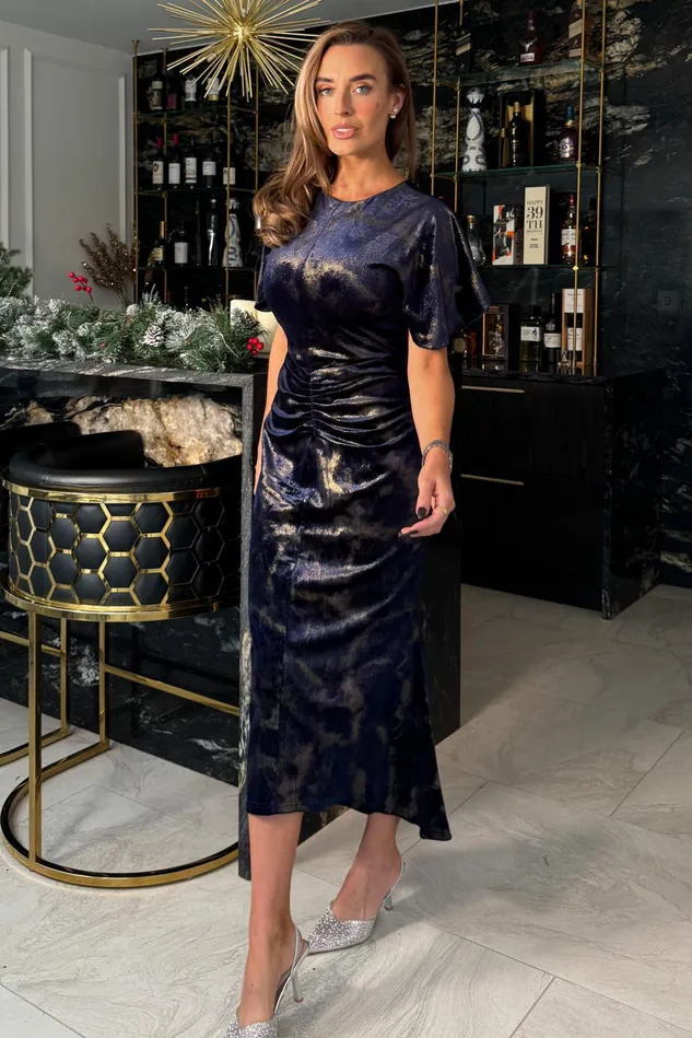 Girl In Mind Bodycon Dresses Cleo Navy And Gold Ruched Detail Midi Dress In Velvet 8211 Women