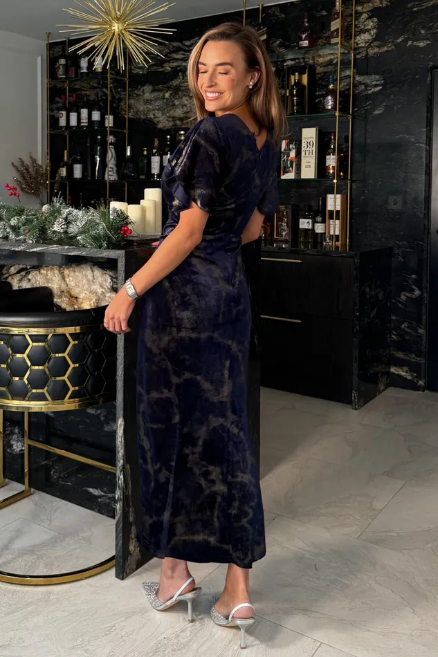 Girl In Mind Bodycon Dresses Cleo Navy And Gold Ruched Detail Midi Dress In Velvet 8211 Women
