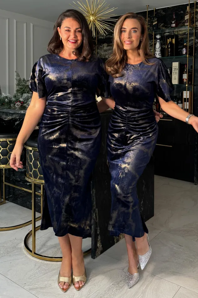 Girl In Mind Bodycon Dresses Cleo Navy And Gold Ruched Detail Midi Dress In Velvet 8211 Women