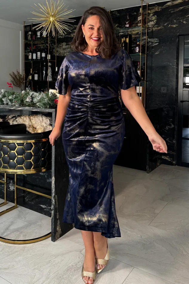 Girl In Mind Bodycon Dresses Cleo Navy And Gold Ruched Detail Midi Dress In Velvet 8211 Women