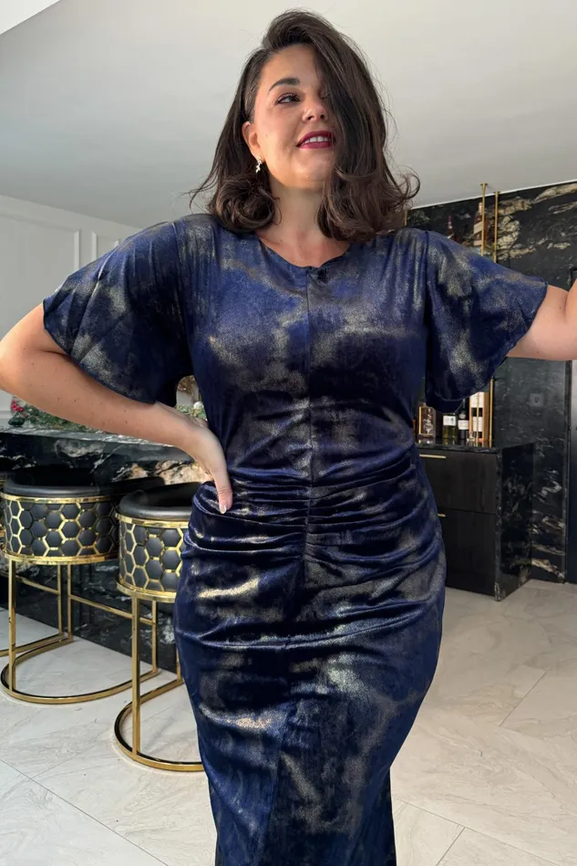 Girl In Mind Bodycon Dresses Cleo Navy And Gold Ruched Detail Midi Dress In Velvet 8211 Women
