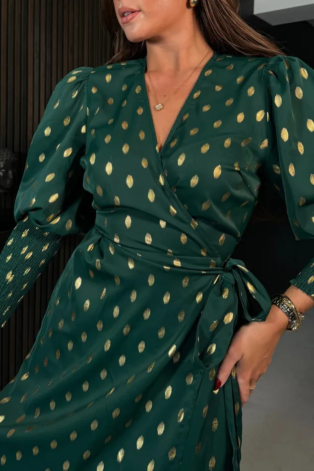 Girl In Mind Bodycon Dresses Devina Shirred Cuff Wrap Dress In Green And Gold Foil 8211 Women