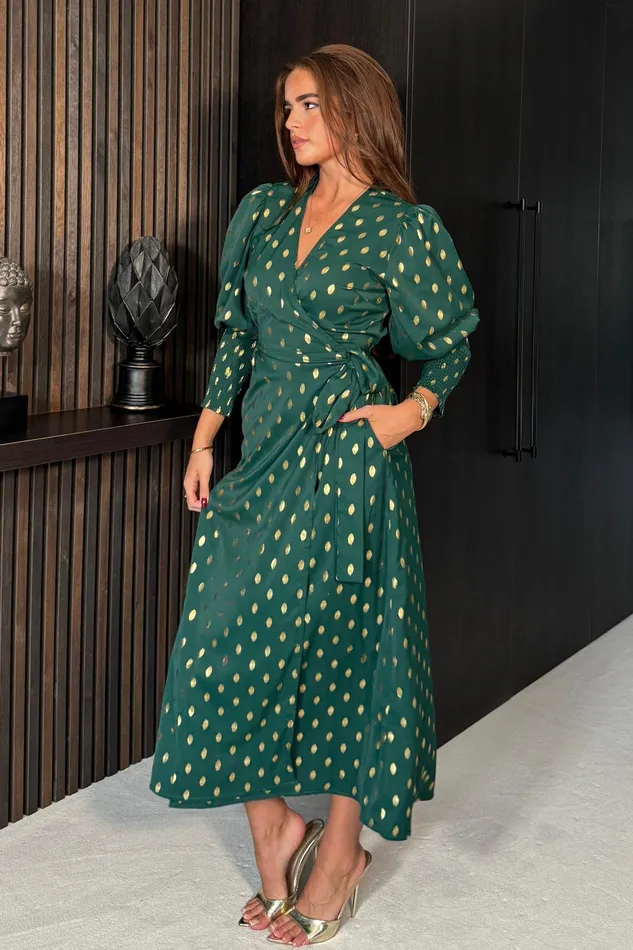 Girl In Mind Bodycon Dresses Devina Shirred Cuff Wrap Dress In Green And Gold Foil 8211 Women