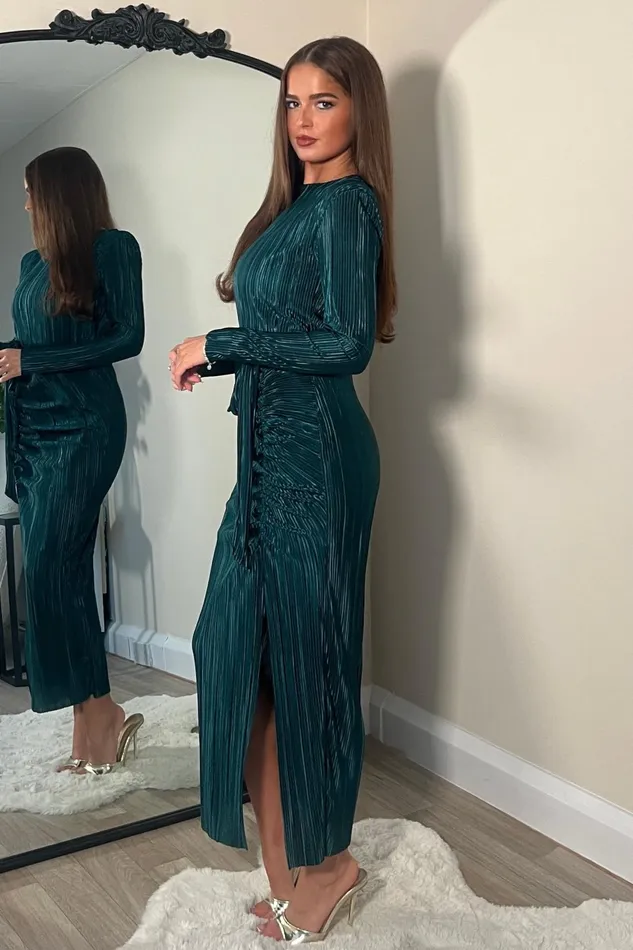 Girl In Mind Bodycon Dresses Elena Long Sleeve Ruched Seamed Midi Dress Teal 8211 Women