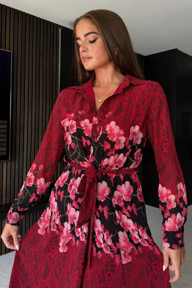 Girl In Mind Bodycon Dresses Everly Red And Pink Floral Shirt Midi Dress 8211 Women