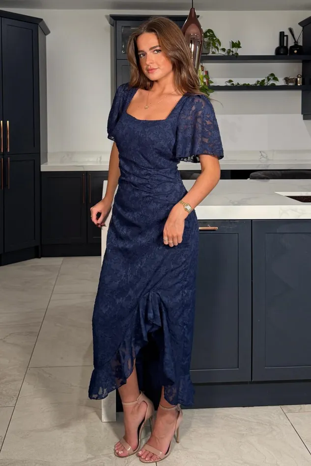 Girl In Mind Bodycon Dresses Heidi Floral Burnout Ruched Midi Dress Navy 8211 Women