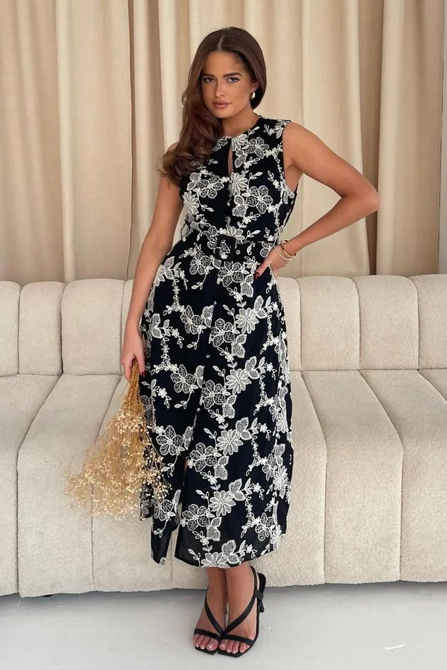 Girl In Mind CoOrds Cordelia Floral Embroidery Midi Dress Black 8211 Women
