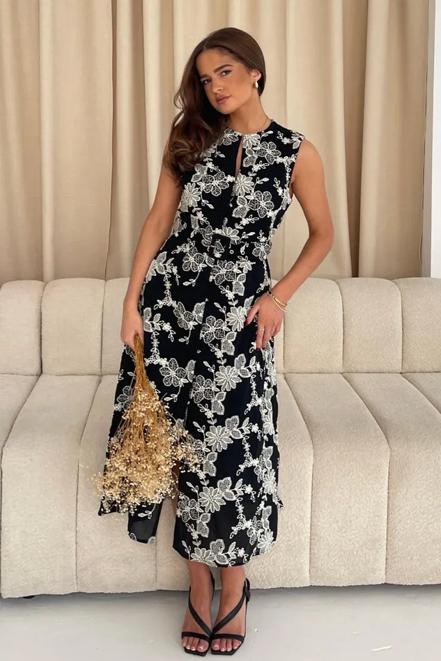 Girl In Mind CoOrds Cordelia Floral Embroidery Midi Dress Black 8211 Women