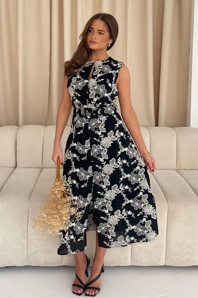 Girl In Mind CoOrds Cordelia Floral Embroidery Midi Dress Black 8211 Women
