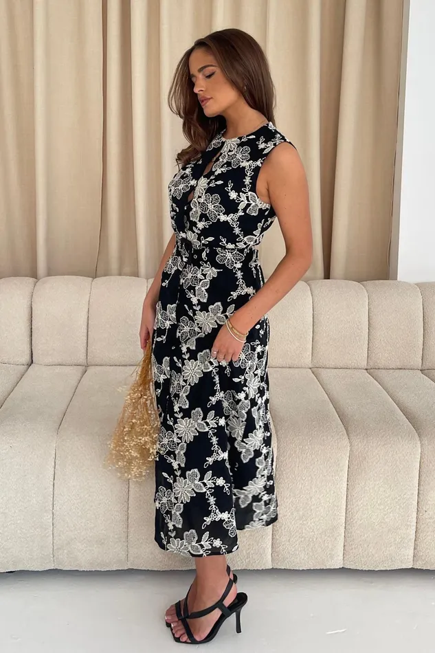 Girl In Mind CoOrds Cordelia Floral Embroidery Midi Dress Black 8211 Women