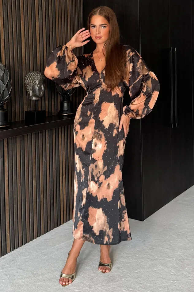 Girl In Mind CoOrds London V Neck Long Sleeve Maxi Dress In Brown Abstarct Sparkle 8211 Women