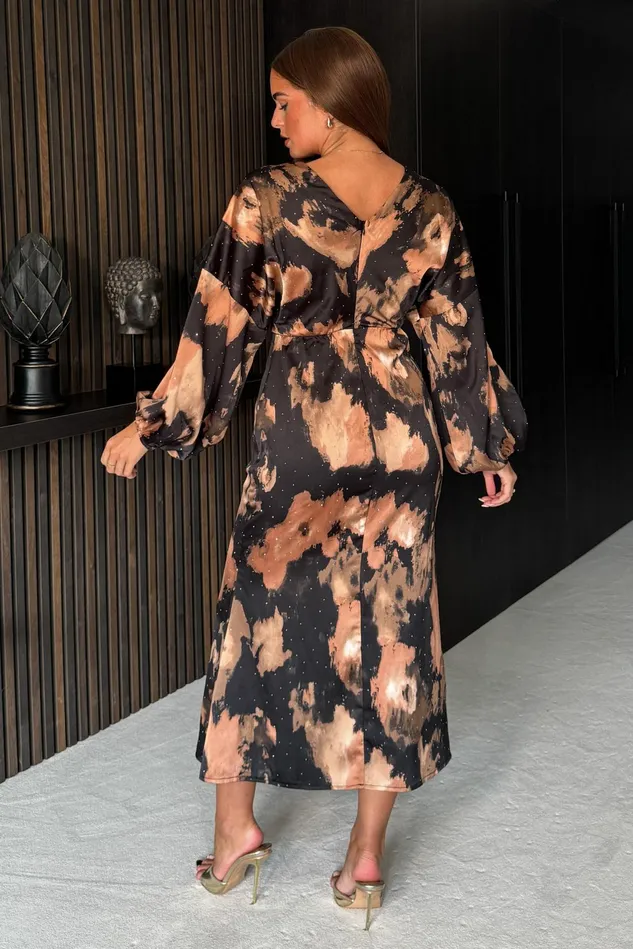 Girl In Mind CoOrds London V Neck Long Sleeve Maxi Dress In Brown Abstarct Sparkle 8211 Women
