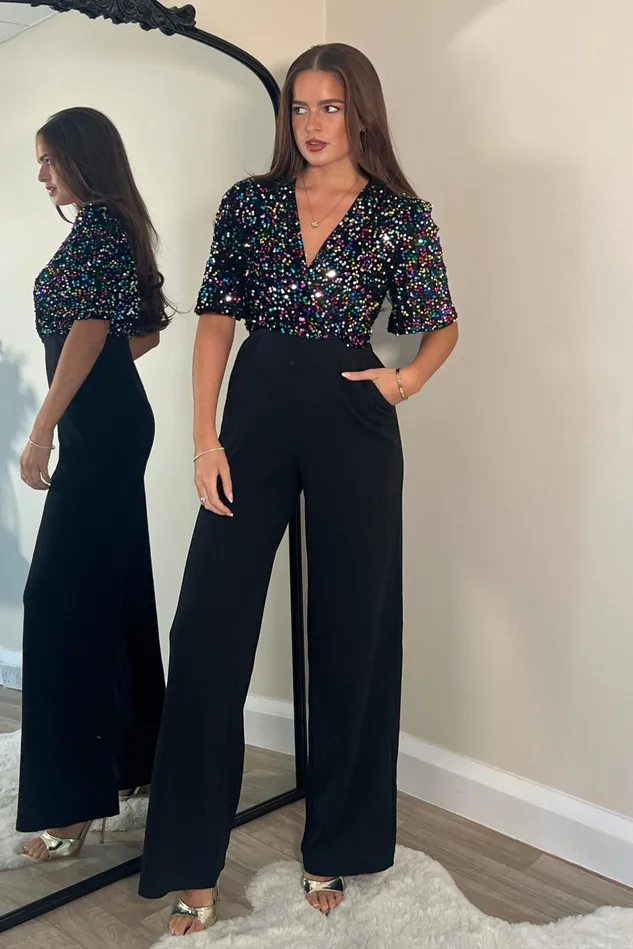 Girl In Mind Jumpsuits and Playsuits Delphine Multi Sequin Top Wide Leg Jumpsuit 8211 Women