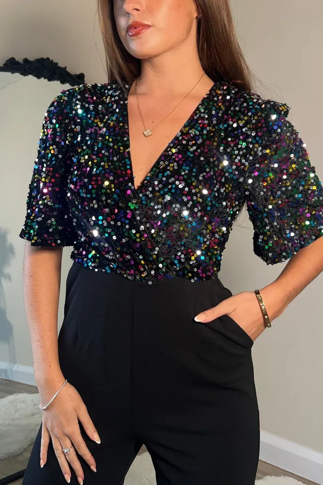 Girl In Mind Jumpsuits and Playsuits Delphine Multi Sequin Top Wide Leg Jumpsuit 8211 Women