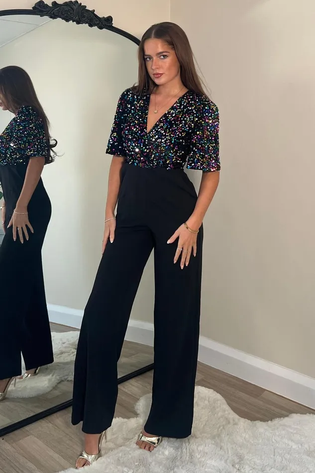Girl In Mind Jumpsuits and Playsuits Delphine Multi Sequin Top Wide Leg Jumpsuit 8211 Women