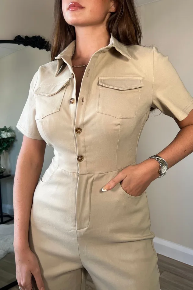 Girl In Mind Jumpsuits and Playsuits Karin Short Sleeve Utility Jumpsuit Neutral 8211 Women