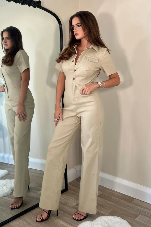 Girl In Mind Jumpsuits and Playsuits Karin Short Sleeve Utility Jumpsuit Neutral 8211 Women