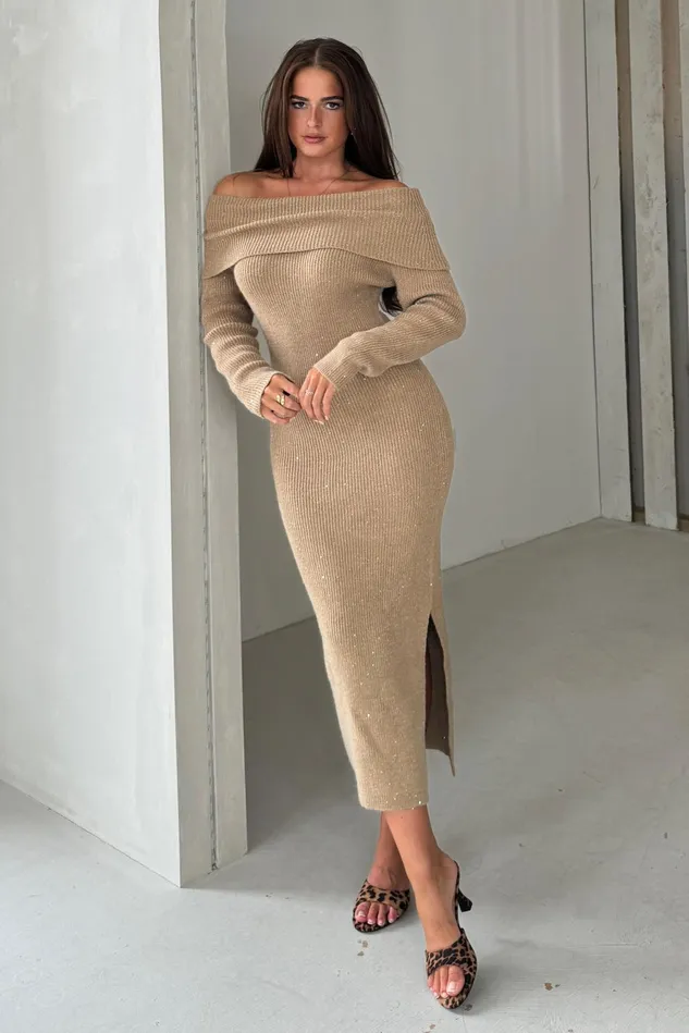 Girl In Mind Knitwear Brea Knitted Sequin Bardot Midi Dress Camel 8211 Women