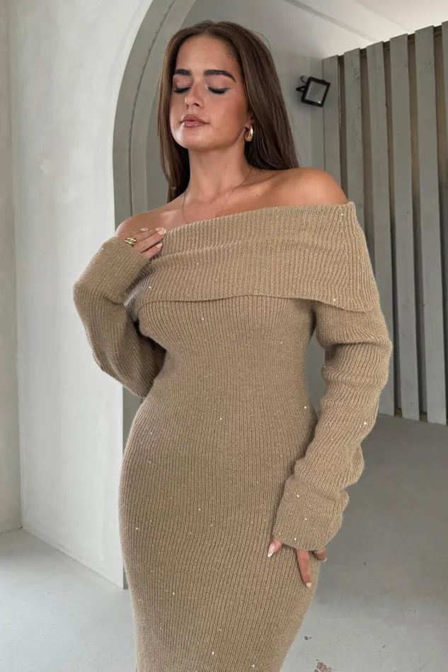 Girl In Mind Knitwear Brea Knitted Sequin Bardot Midi Dress Camel 8211 Women