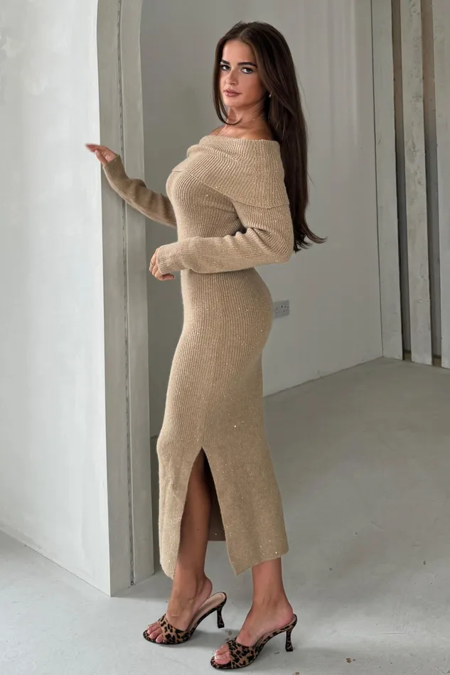 Girl In Mind Knitwear Brea Knitted Sequin Bardot Midi Dress Camel 8211 Women